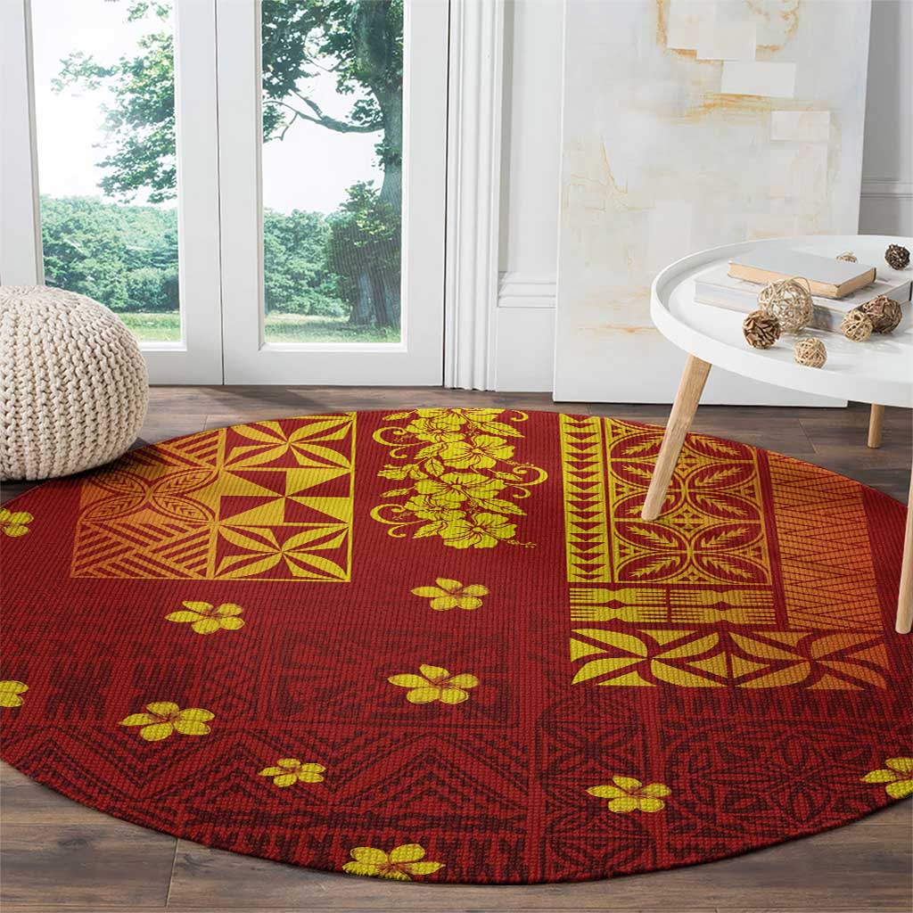 Samoa Tapa Pacific Tribal Pattern Round Carpet Hibiscus and Plumeria