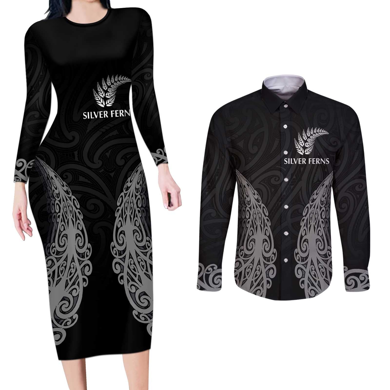 New Zealand Netball Couples Matching Long Sleeve Bodycon Dress and Long Sleeve Button Shirt Koru and Maori Tattoo Jersey LT03 Black - Polynesian Pride