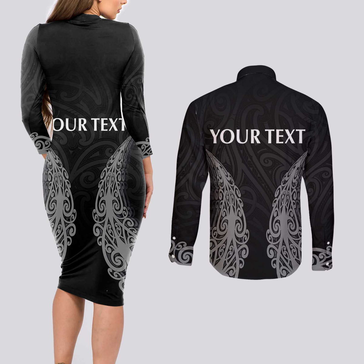 New Zealand Netball Couples Matching Long Sleeve Bodycon Dress and Long Sleeve Button Shirt Koru and Maori Tattoo Jersey LT03 - Polynesian Pride