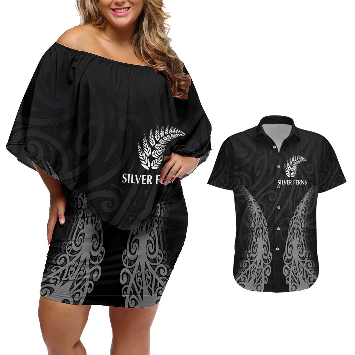 New Zealand Netball Couples Matching Off Shoulder Short Dress and Hawaiian Shirt Koru and Maori Tattoo Jersey LT03 Black - Polynesian Pride