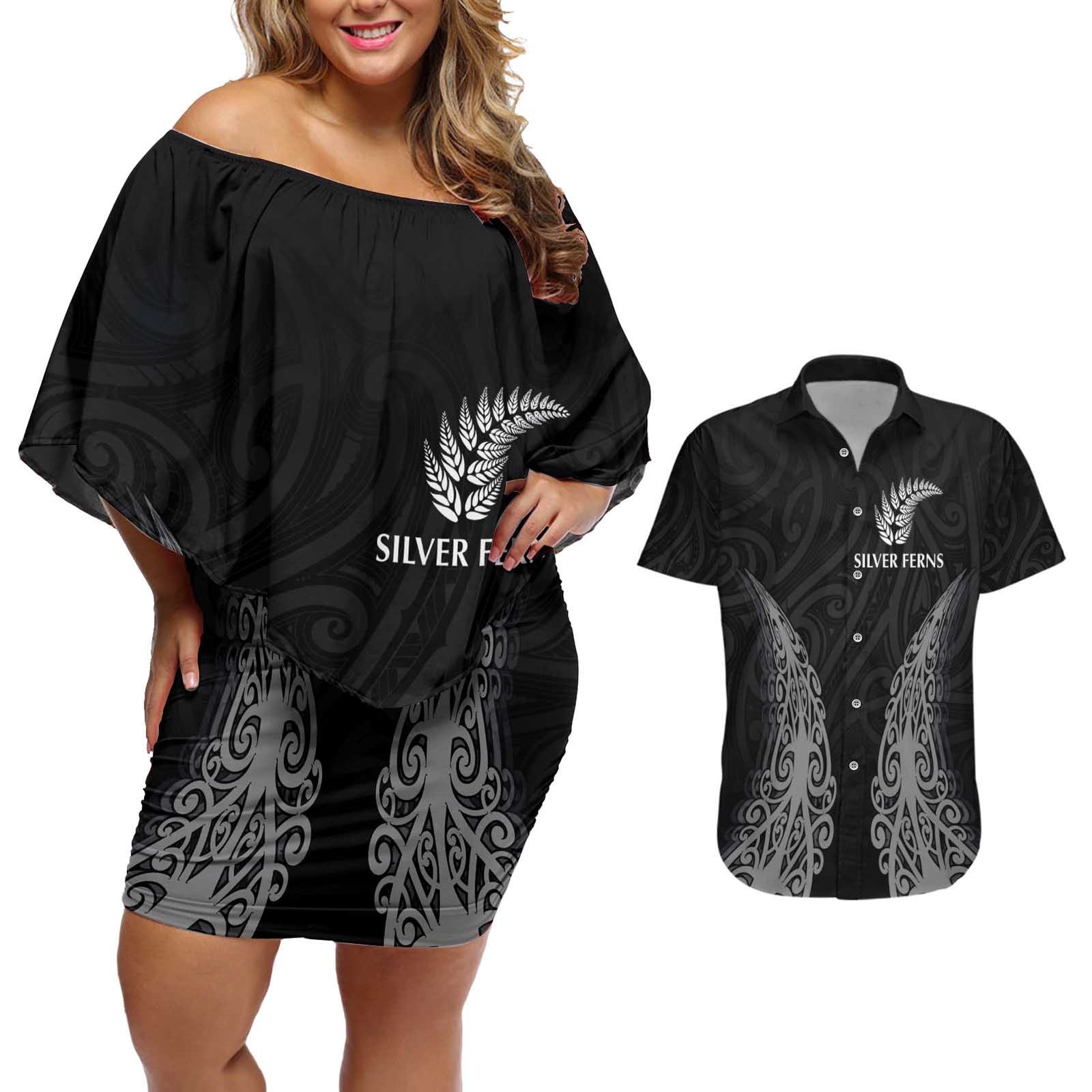 New Zealand Netball Couples Matching Off Shoulder Short Dress and Hawaiian Shirt Koru and Maori Tattoo Jersey LT03 Black - Polynesian Pride