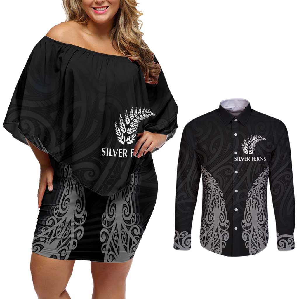 New Zealand Netball Couples Matching Off Shoulder Short Dress and Long Sleeve Button Shirt Koru and Maori Tattoo Jersey LT03 Black - Polynesian Pride