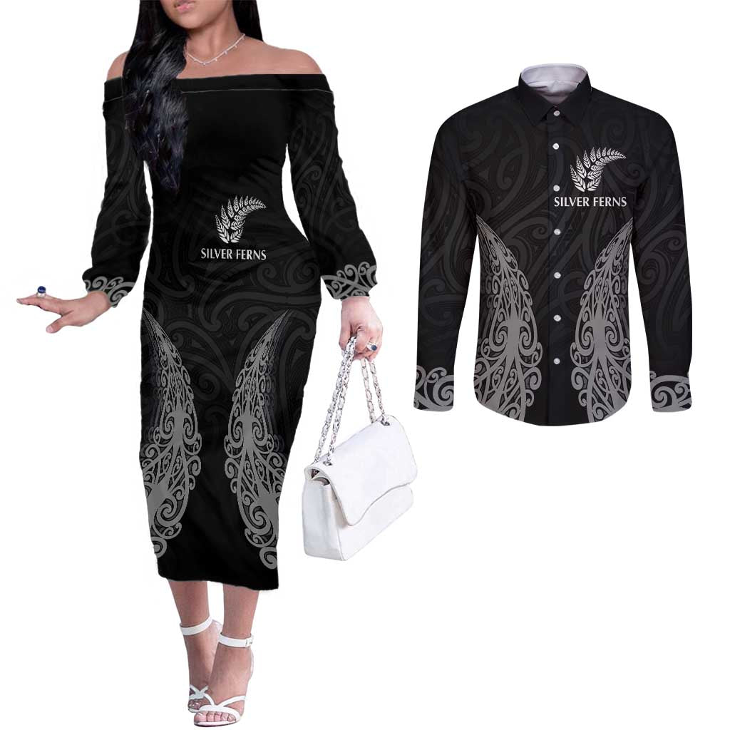 New Zealand Netball Couples Matching Off The Shoulder Long Sleeve Dress and Long Sleeve Button Shirt Koru and Maori Tattoo Jersey LT03 Black - Polynesian Pride
