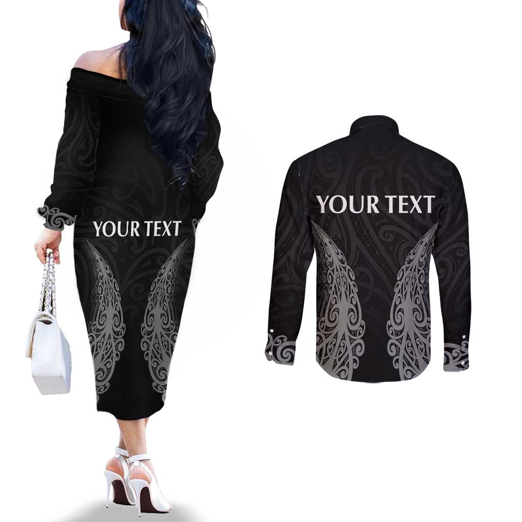 New Zealand Netball Couples Matching Off The Shoulder Long Sleeve Dress and Long Sleeve Button Shirt Koru and Maori Tattoo Jersey LT03 - Polynesian Pride