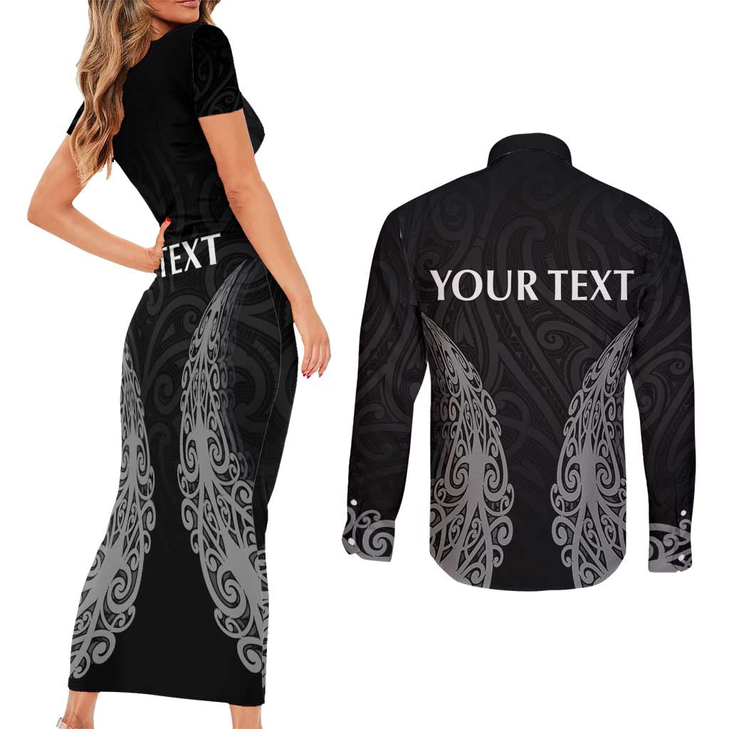 New Zealand Netball Couples Matching Short Sleeve Bodycon Dress and Long Sleeve Button Shirt Koru and Maori Tattoo Jersey LT03 - Polynesian Pride