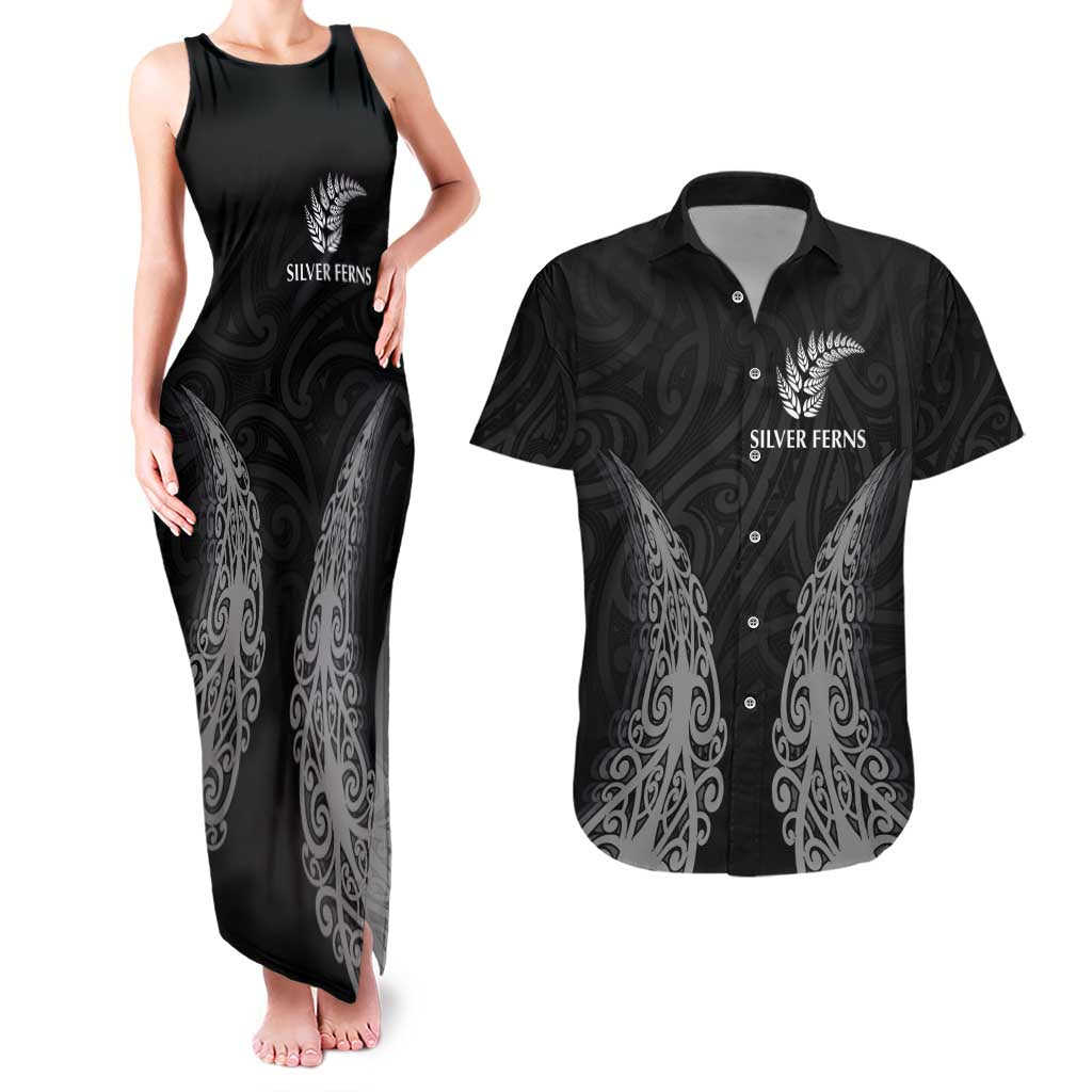New Zealand Netball Couples Matching Tank Maxi Dress and Hawaiian Shirt Koru and Maori Tattoo Jersey LT03 Black - Polynesian Pride