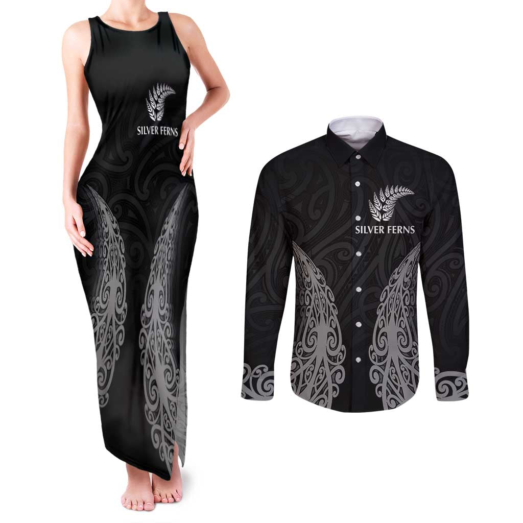 New Zealand Netball Couples Matching Tank Maxi Dress and Long Sleeve Button Shirt Koru and Maori Tattoo Jersey LT03 Black - Polynesian Pride