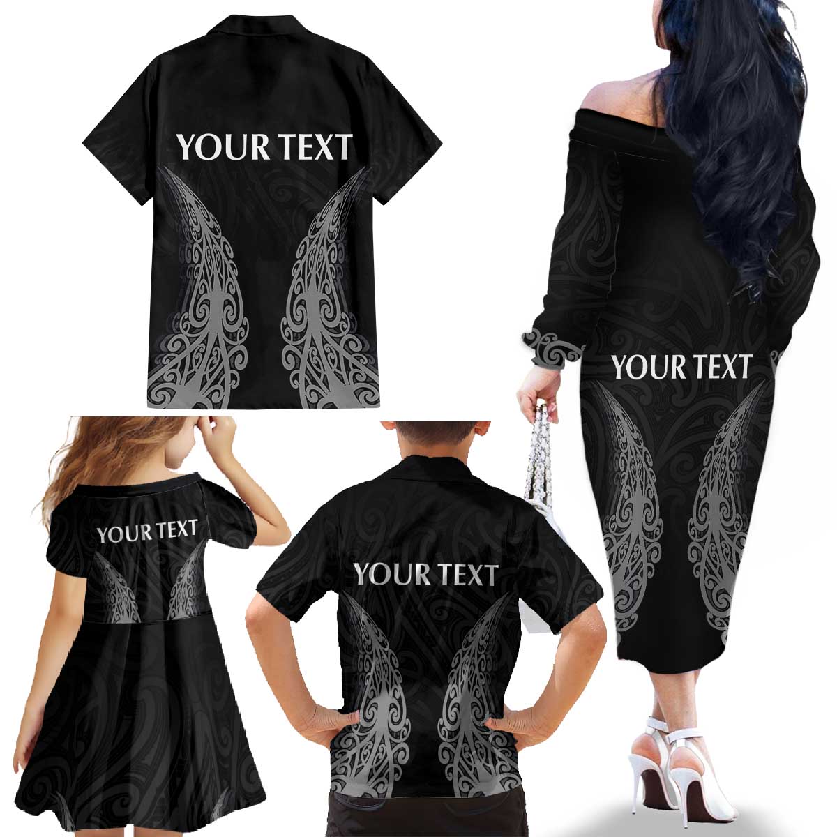 New Zealand Netball Family Matching Off The Shoulder Long Sleeve Dress and Hawaiian Shirt Koru and Maori Tattoo Jersey LT03 - Polynesian Pride