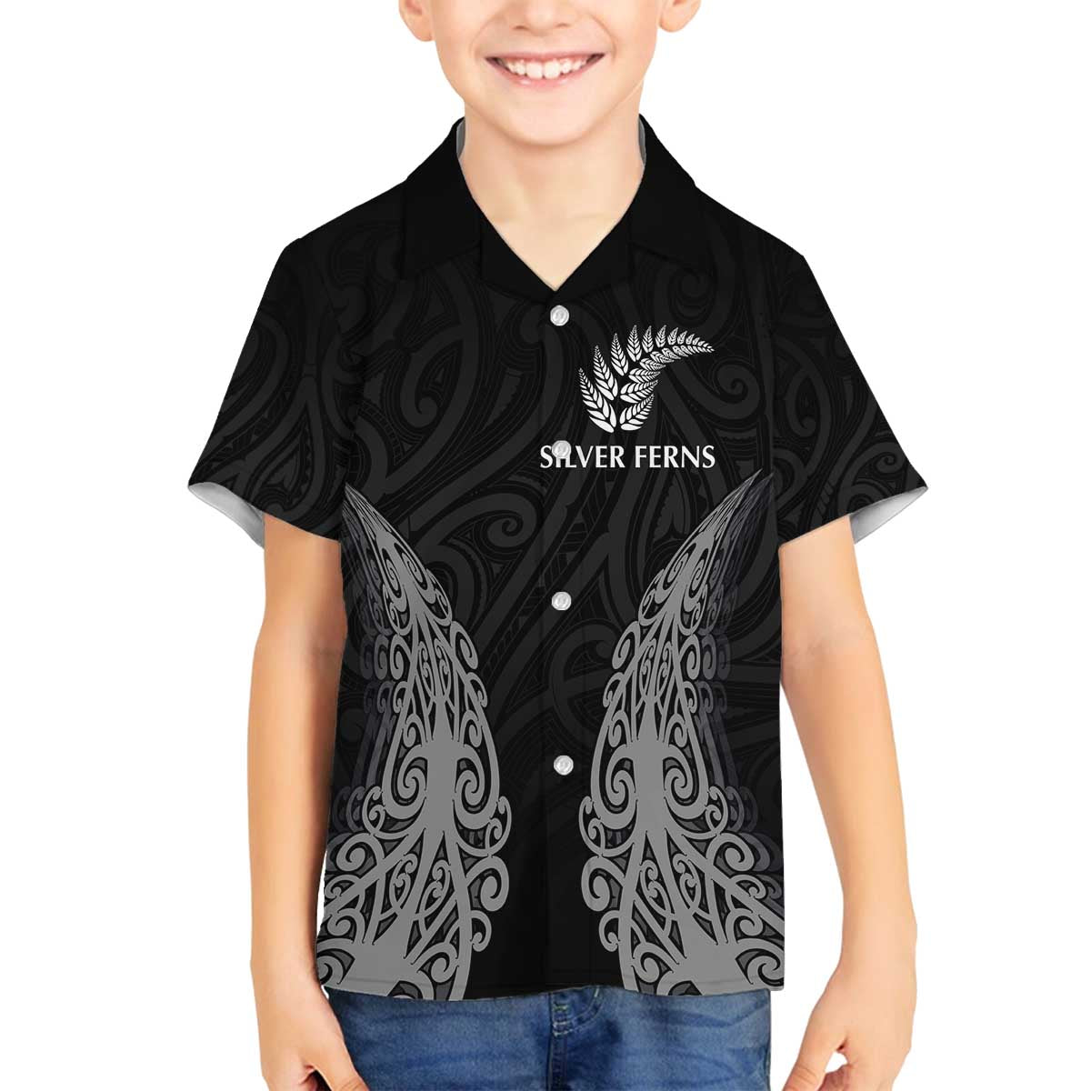 New Zealand Netball Family Matching Off The Shoulder Long Sleeve Dress and Hawaiian Shirt Koru and Maori Tattoo Jersey LT03 Son's Shirt Black - Polynesian Pride
