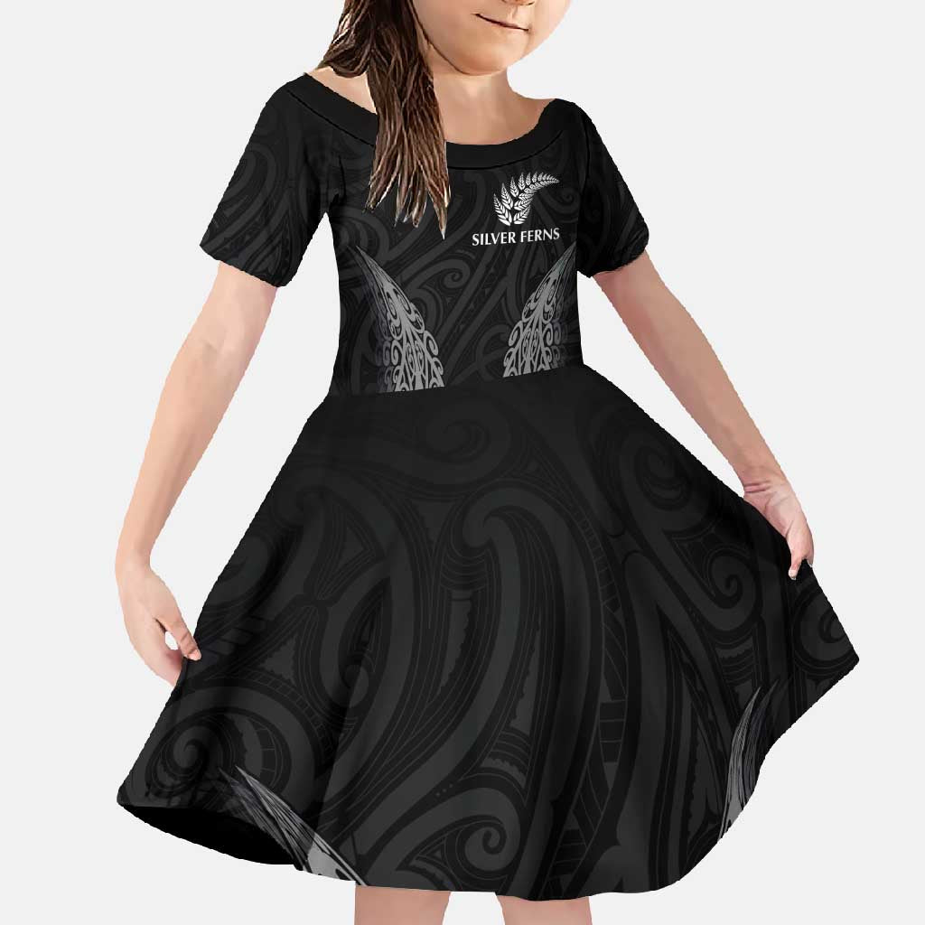 New Zealand Netball Family Matching Off Shoulder Maxi Dress and Hawaiian Shirt Koru and Maori Tattoo Jersey LT03 Daughter's Dress Black - Polynesian Pride