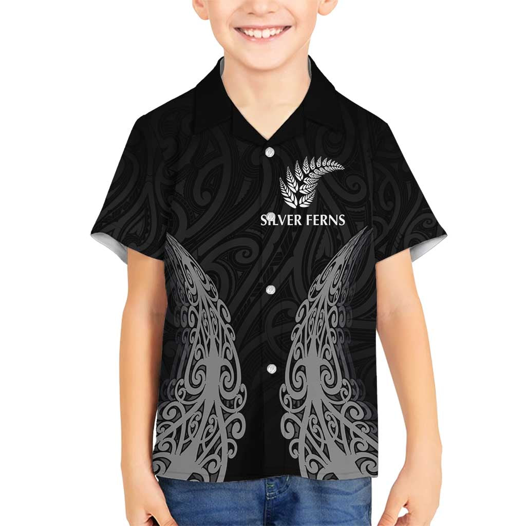 New Zealand Netball Family Matching Off Shoulder Maxi Dress and Hawaiian Shirt Koru and Maori Tattoo Jersey LT03 Son's Shirt Black - Polynesian Pride
