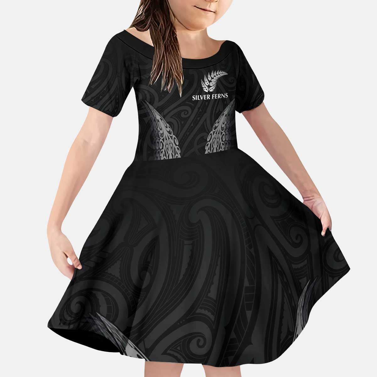 New Zealand Netball Family Matching Puletasi and Hawaiian Shirt Koru and Maori Tattoo Jersey LT03 Daughter's Dress Black - Polynesian Pride