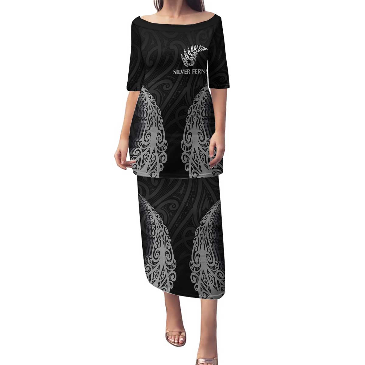 New Zealand Netball Family Matching Puletasi and Hawaiian Shirt Koru and Maori Tattoo Jersey LT03 Mom's Dress Black - Polynesian Pride
