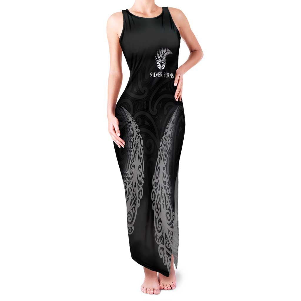 New Zealand Netball Family Matching Tank Maxi Dress and Hawaiian Shirt Koru and Maori Tattoo Jersey LT03 Mom's Dress Black - Polynesian Pride