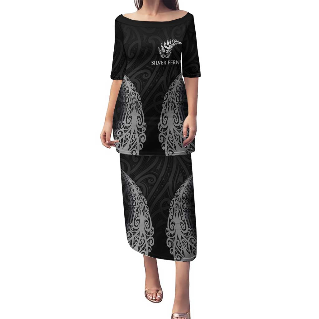 New Zealand Netball Puletasi Koru and Maori Tattoo Jersey LT03 Long Dress Black - Polynesian Pride