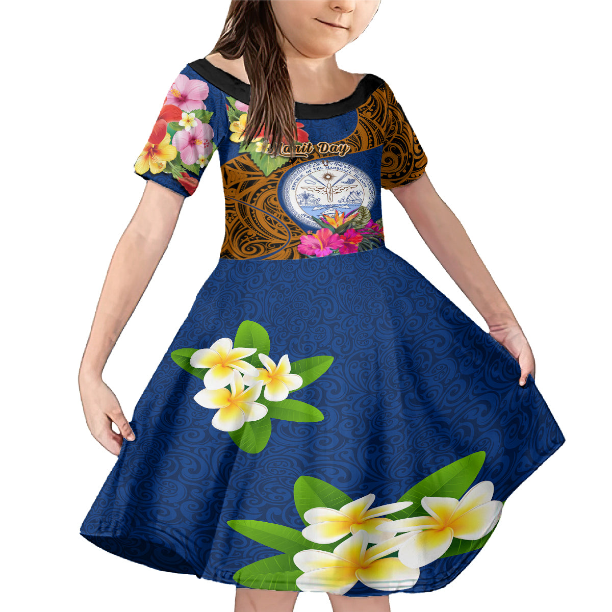 Personalised Marshall Islands Manit Day Family Matching Mermaid Dress and Hawaiian Shirt Marshall Seal Mix Hibiscus Flower Maori Pattern Style LT03 Daughter's Dress Blue - Polynesian Pride