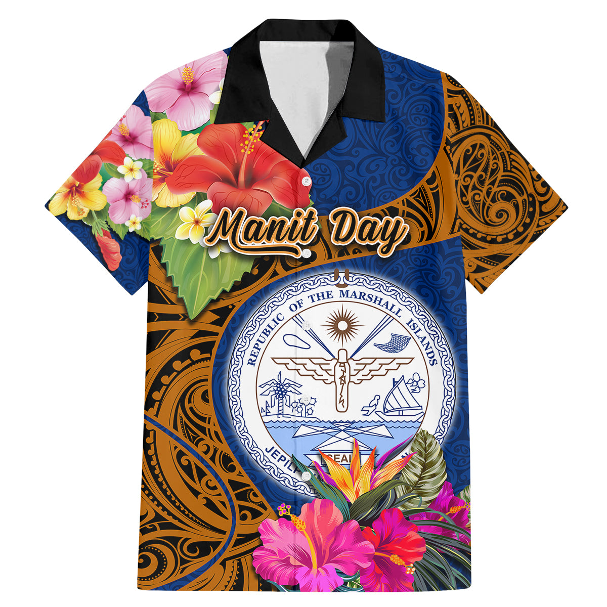 Personalised Marshall Islands Manit Day Family Matching Mermaid Dress and Hawaiian Shirt Marshall Seal Mix Hibiscus Flower Maori Pattern Style LT03 Dad's Shirt - Short Sleeve Blue - Polynesian Pride