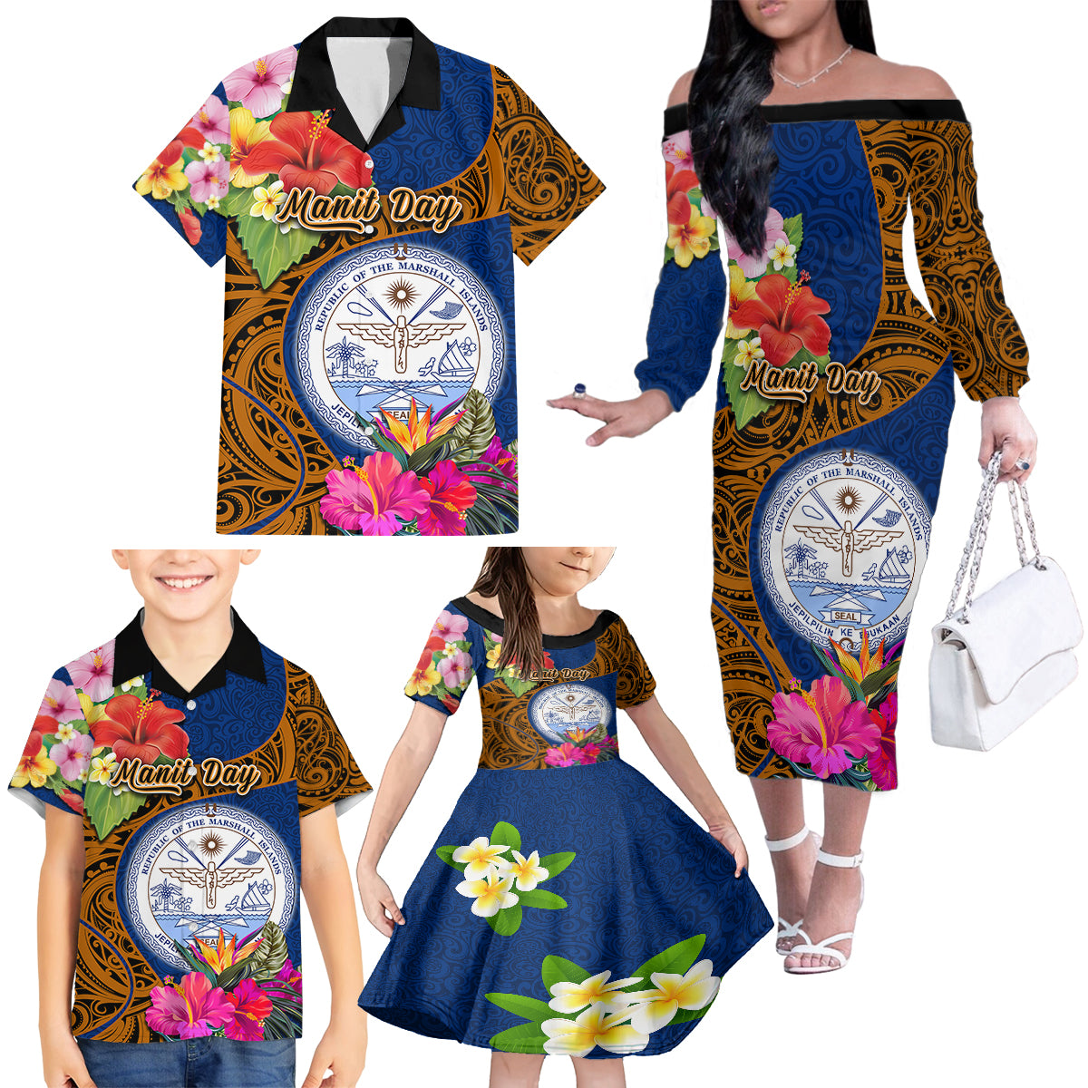 Personalised Marshall Islands Manit Day Family Matching Off Shoulder Long Sleeve Dress and Hawaiian Shirt Marshall Seal Mix Hibiscus Flower Maori Pattern Style LT03 - Polynesian Pride