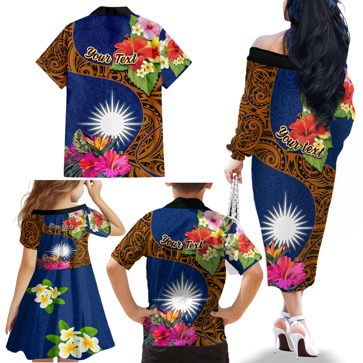 Personalised Marshall Islands Manit Day Family Matching Off Shoulder Long Sleeve Dress and Hawaiian Shirt Marshall Seal Mix Hibiscus Flower Maori Pattern Style LT03 - Polynesian Pride