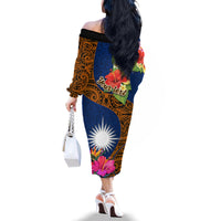 Personalised Marshall Islands Manit Day Family Matching Off Shoulder Long Sleeve Dress and Hawaiian Shirt Marshall Seal Mix Hibiscus Flower Maori Pattern Style LT03 - Polynesian Pride