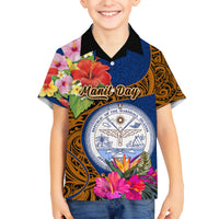 Personalised Marshall Islands Manit Day Family Matching Off Shoulder Long Sleeve Dress and Hawaiian Shirt Marshall Seal Mix Hibiscus Flower Maori Pattern Style LT03 Son's Shirt Blue - Polynesian Pride