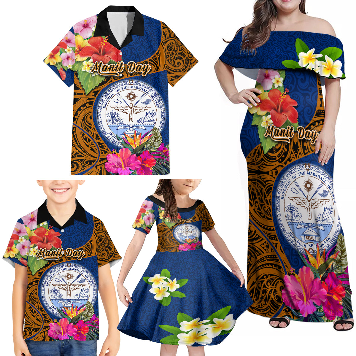 Personalised Marshall Islands Manit Day Family Matching Off Shoulder Maxi Dress and Hawaiian Shirt Marshall Seal Mix Hibiscus Flower Maori Pattern Style LT03 - Polynesian Pride