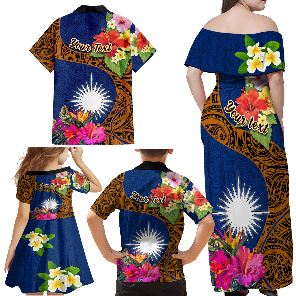 Personalised Marshall Islands Manit Day Family Matching Off Shoulder Maxi Dress and Hawaiian Shirt Marshall Seal Mix Hibiscus Flower Maori Pattern Style LT03 - Polynesian Pride