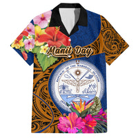 Personalised Marshall Islands Manit Day Family Matching Off Shoulder Maxi Dress and Hawaiian Shirt Marshall Seal Mix Hibiscus Flower Maori Pattern Style LT03 Dad's Shirt - Short Sleeve Blue - Polynesian Pride