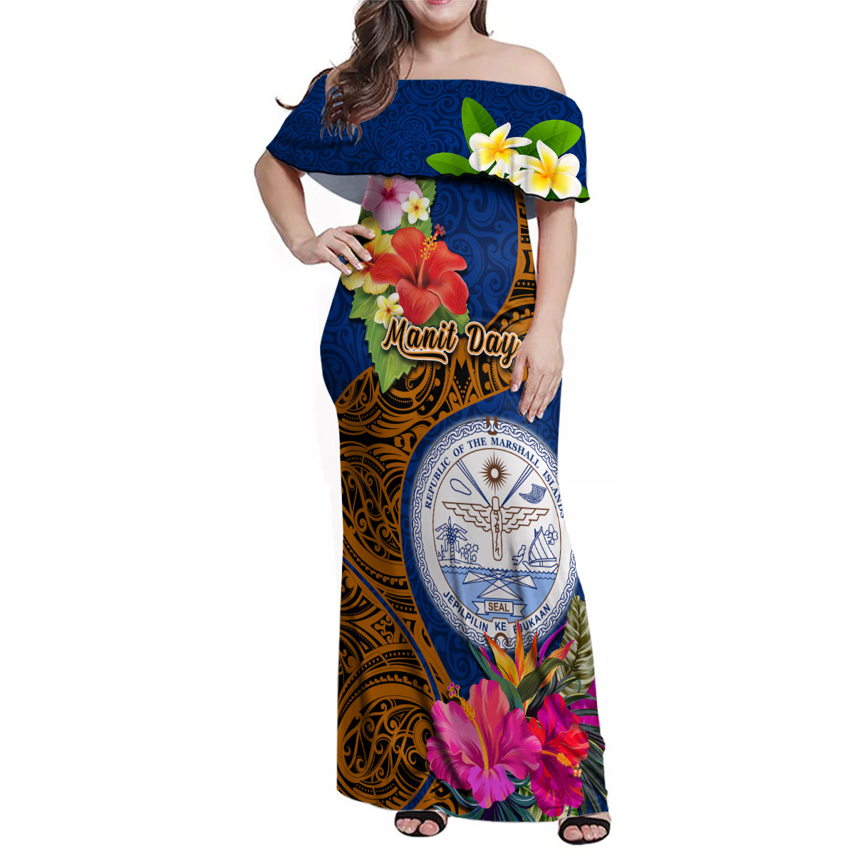 Personalised Marshall Islands Manit Day Family Matching Off Shoulder Maxi Dress and Hawaiian Shirt Marshall Seal Mix Hibiscus Flower Maori Pattern Style LT03 Mom's Dress Blue - Polynesian Pride