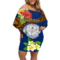 Personalised Marshall Islands Manit Day Family Matching Off Shoulder Short Dress and Hawaiian Shirt Marshall Seal Mix Hibiscus Flower Maori Pattern Style LT03 Mom's Dress Blue - Polynesian Pride