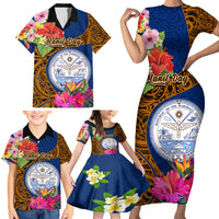 Personalised Marshall Islands Manit Day Family Matching Short Sleeve Bodycon Dress and Hawaiian Shirt Marshall Seal Mix Hibiscus Flower Maori Pattern Style LT03 - Polynesian Pride