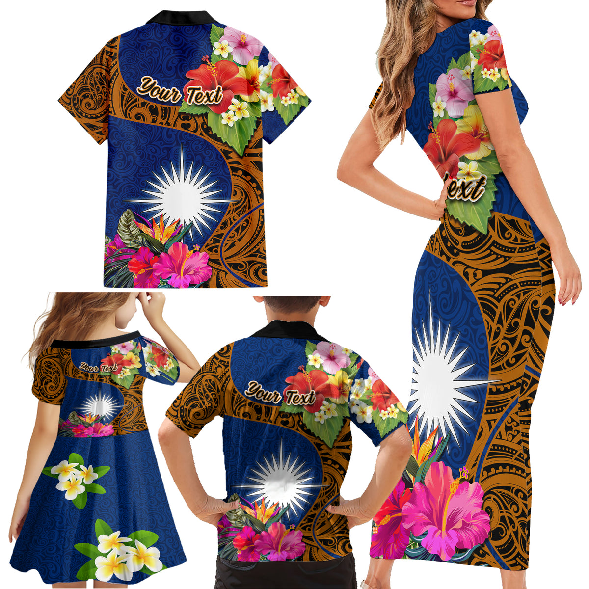 Personalised Marshall Islands Manit Day Family Matching Short Sleeve Bodycon Dress and Hawaiian Shirt Marshall Seal Mix Hibiscus Flower Maori Pattern Style LT03 - Polynesian Pride