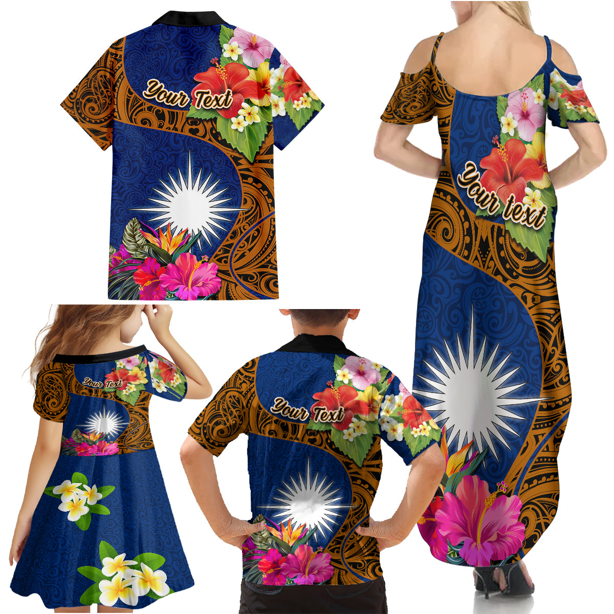 Personalised Marshall Islands Manit Day Family Matching Summer Maxi Dress and Hawaiian Shirt Marshall Seal Mix Hibiscus Flower Maori Pattern Style LT03 - Polynesian Pride