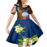 Personalised Marshall Islands Manit Day Family Matching Tank Maxi Dress and Hawaiian Shirt Marshall Seal Mix Hibiscus Flower Maori Pattern Style LT03 Daughter's Dress Blue - Polynesian Pride