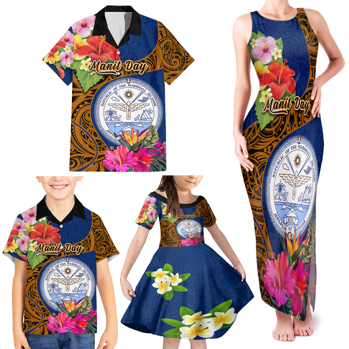 Personalised Marshall Islands Manit Day Family Matching Tank Maxi Dress and Hawaiian Shirt Marshall Seal Mix Hibiscus Flower Maori Pattern Style LT03 - Polynesian Pride