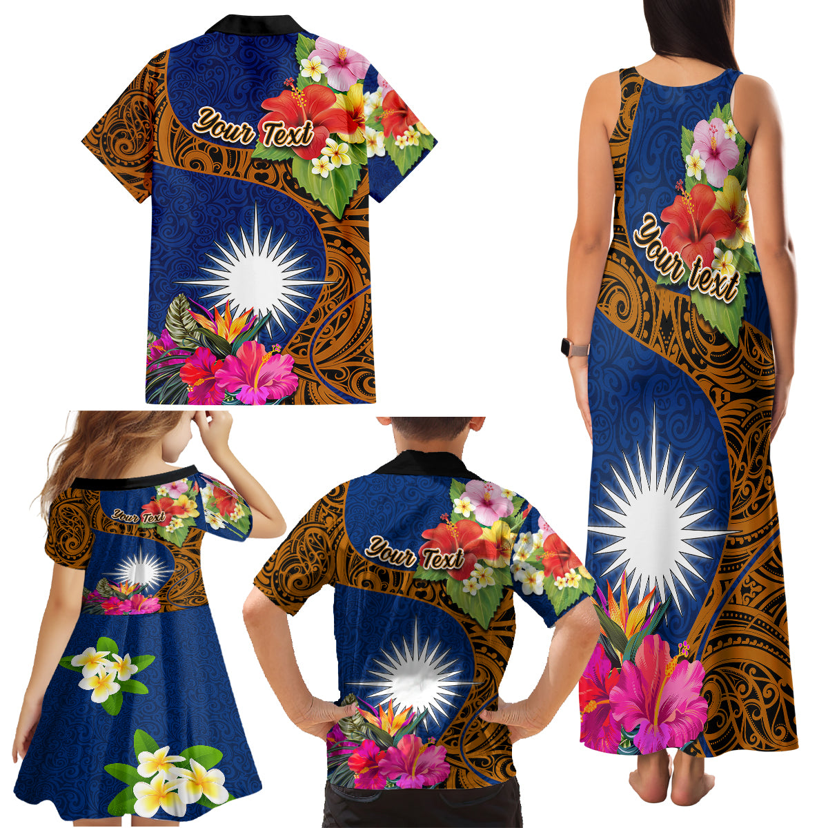 Personalised Marshall Islands Manit Day Family Matching Tank Maxi Dress and Hawaiian Shirt Marshall Seal Mix Hibiscus Flower Maori Pattern Style LT03 - Polynesian Pride