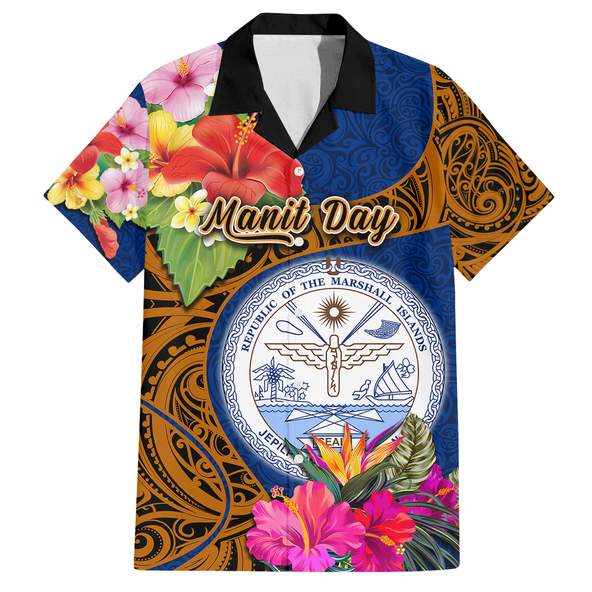 Personalised Marshall Islands Manit Day Family Matching Tank Maxi Dress and Hawaiian Shirt Marshall Seal Mix Hibiscus Flower Maori Pattern Style LT03 Dad's Shirt - Short Sleeve Blue - Polynesian Pride