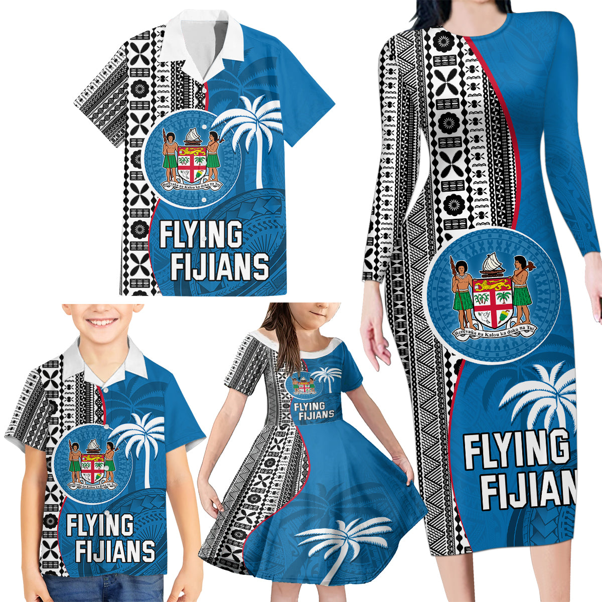 Fiji Rugby Family Matching Long Sleeve Bodycon Dress and Hawaiian Shirt Coat of Arms Palm Tree Mix Polynesia Tapa Pattern LT03 - Polynesian Pride