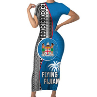 Fiji Rugby Family Matching Short Sleeve Bodycon Dress and Hawaiian Shirt Coat of Arms Palm Tree Mix Polynesia Tapa Pattern LT03 Mom's Dress Blue - Polynesian Pride