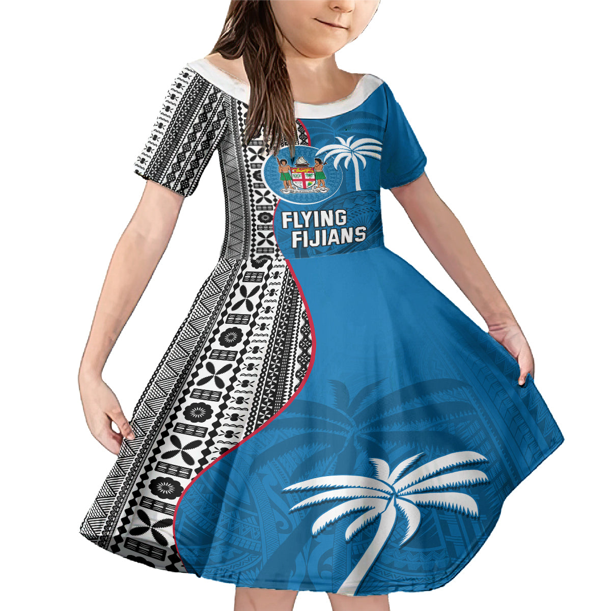 Custom Fiji Rugby Family Matching Mermaid Dress and Hawaiian Shirt Coat of Arms Palm Tree Mix Polynesia Tapa Pattern LT03 Daughter's Dress Blue - Polynesian Pride