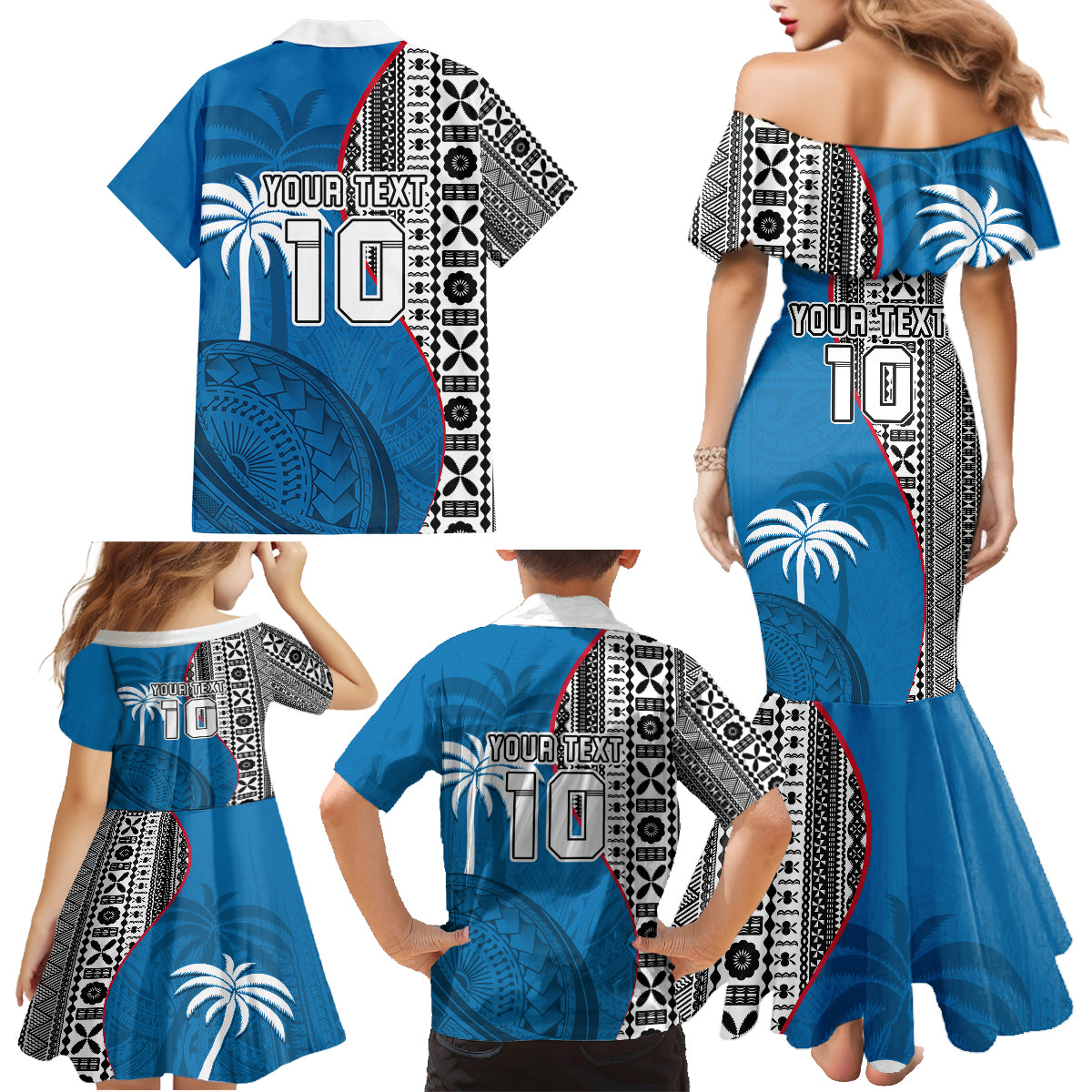 Custom Fiji Rugby Family Matching Mermaid Dress and Hawaiian Shirt Coat of Arms Palm Tree Mix Polynesia Tapa Pattern LT03 - Polynesian Pride