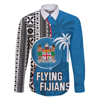 Custom Fiji Rugby Family Matching Mermaid Dress and Hawaiian Shirt Coat of Arms Palm Tree Mix Polynesia Tapa Pattern LT03 Dad's Shirt - Long Sleeve Blue - Polynesian Pride