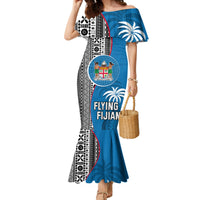 Custom Fiji Rugby Family Matching Mermaid Dress and Hawaiian Shirt Coat of Arms Palm Tree Mix Polynesia Tapa Pattern LT03 Mom's Dress Blue - Polynesian Pride