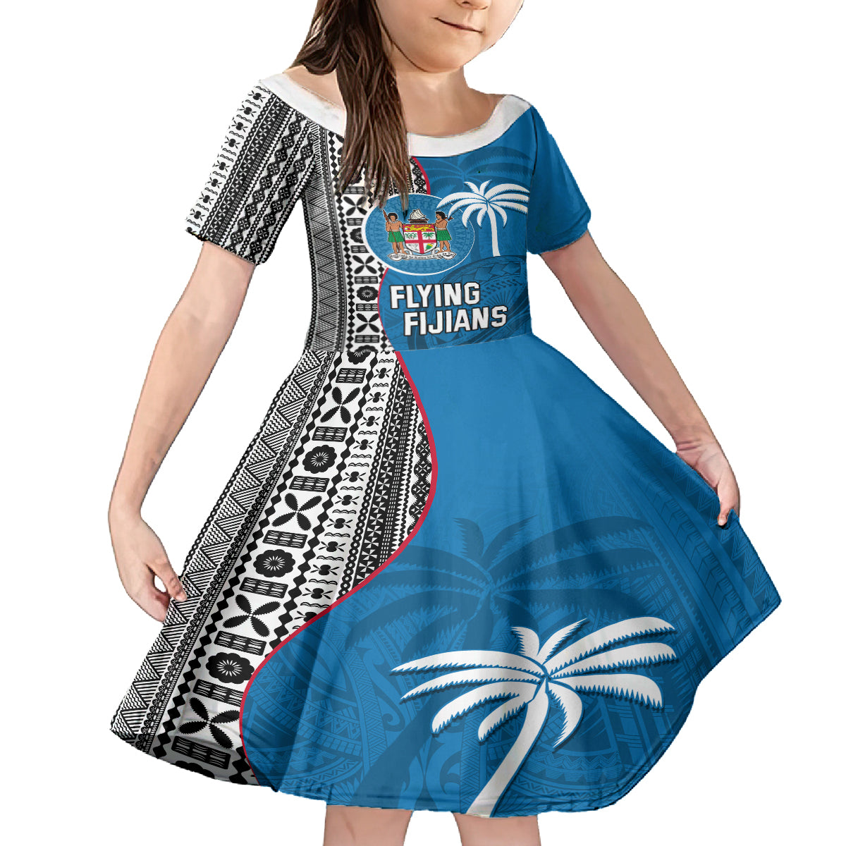 Custom Fiji Rugby Family Matching Off Shoulder Long Sleeve Dress and Hawaiian Shirt Coat of Arms Palm Tree Mix Polynesia Tapa Pattern LT03 Daughter's Dress Blue - Polynesian Pride