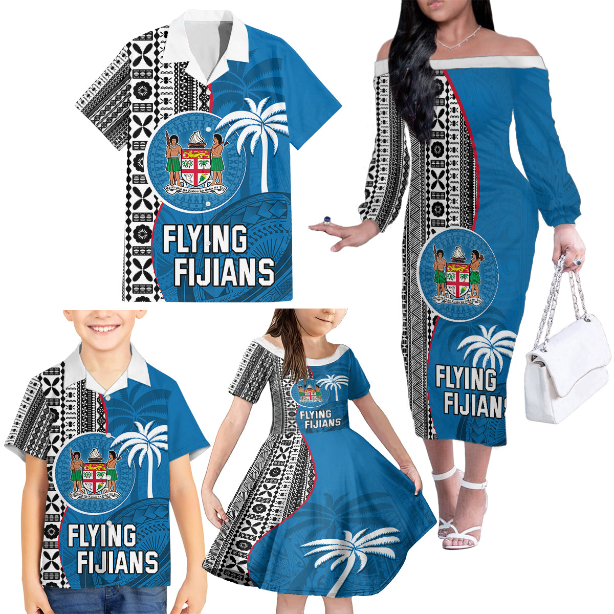 Custom Fiji Rugby Family Matching Off Shoulder Long Sleeve Dress and Hawaiian Shirt Coat of Arms Palm Tree Mix Polynesia Tapa Pattern LT03 - Polynesian Pride