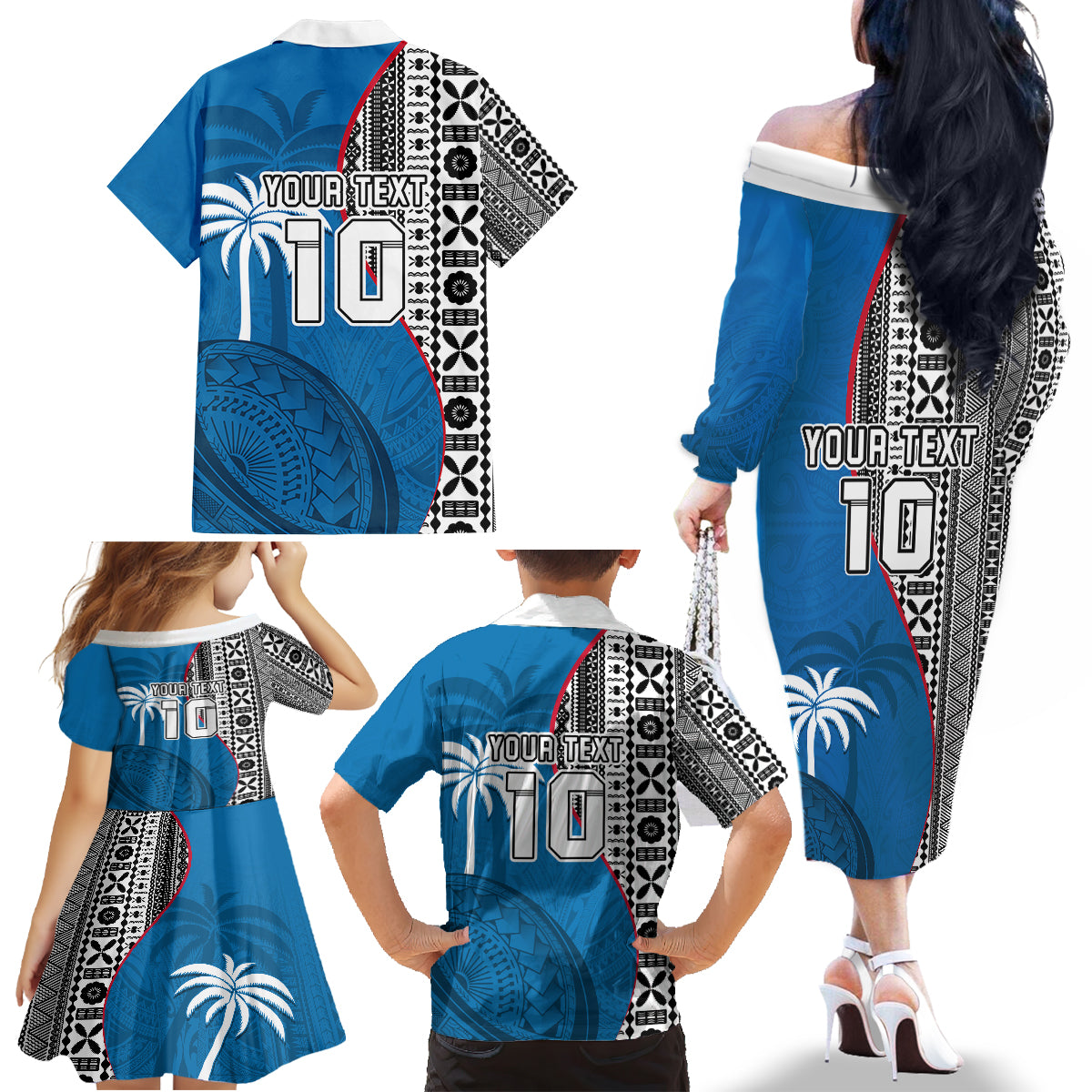Custom Fiji Rugby Family Matching Off Shoulder Long Sleeve Dress and Hawaiian Shirt Coat of Arms Palm Tree Mix Polynesia Tapa Pattern LT03 - Polynesian Pride
