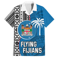 Custom Fiji Rugby Family Matching Off Shoulder Long Sleeve Dress and Hawaiian Shirt Coat of Arms Palm Tree Mix Polynesia Tapa Pattern LT03 Dad's Shirt - Short Sleeve Blue - Polynesian Pride