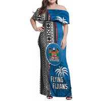 Custom Fiji Rugby Family Matching Off Shoulder Maxi Dress and Hawaiian Shirt Coat of Arms Palm Tree Mix Polynesia Tapa Pattern LT03 Mom's Dress Blue - Polynesian Pride