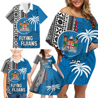 Custom Fiji Rugby Family Matching Off Shoulder Short Dress and Hawaiian Shirt Coat of Arms Palm Tree Mix Polynesia Tapa Pattern LT03 - Polynesian Pride