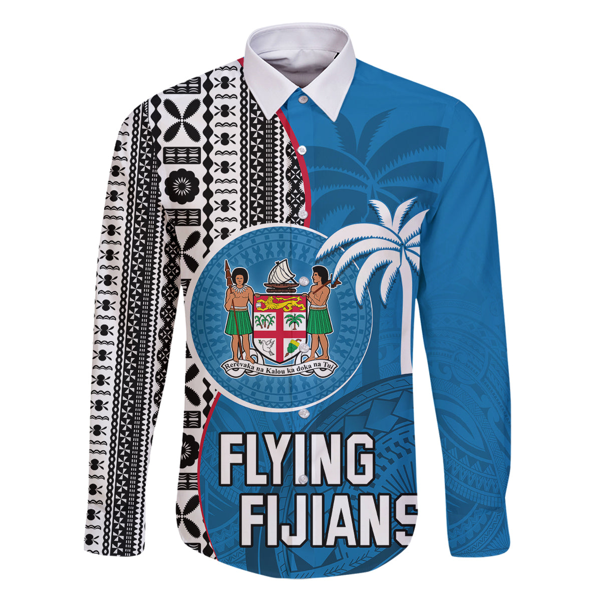 Custom Fiji Rugby Family Matching Off Shoulder Short Dress and Hawaiian Shirt Coat of Arms Palm Tree Mix Polynesia Tapa Pattern LT03 Dad's Shirt - Long Sleeve Blue - Polynesian Pride